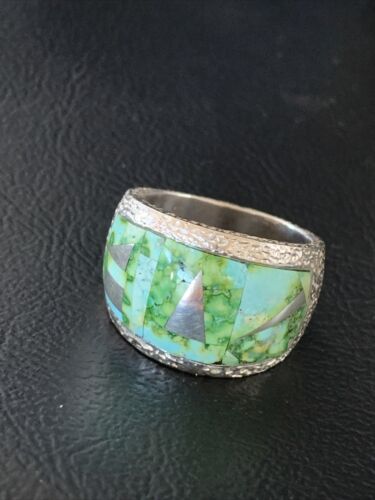 Navajo Green Sonoran Turquoise Inlay Ring | Sterling Silver | Sz 10 | Authentic Native American Handmade | 2080