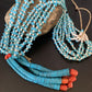 Native American Santo Domingo Blue Turquoise Coral Jacla Necklace | 5 Strand Nugget Bead | 34" | 13182