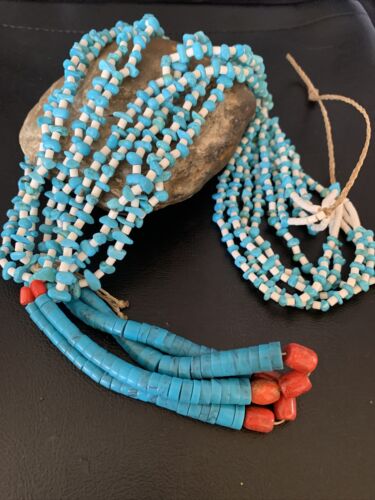 Native American Santo Domingo Blue Turquoise Coral Jacla Necklace | 5 Strand Nugget Bead | 34" | 13182