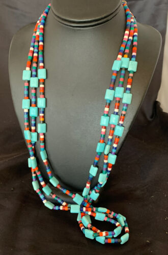 Native American Santo Domingo Turquoise Coral Bead Necklace | 3-Strand | 28" | 11988 - Masha USA