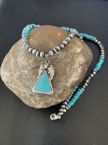 Navajo Pearls Sterling Silver Necklace with Blue Kingman Turquoise Pendant | Authentic Native American Handmade | 12496