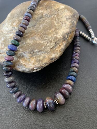 Native American Women's | Sterling Silver | Ethiopian Black Fire Opal Bead Necklace | Handmade | 18" | 01919