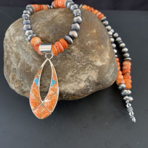 Navajo Pearls Sterling Silver Necklace | Orange Spiny Oyster Inlay Pendant | Authentic Native American Handmade | 11318