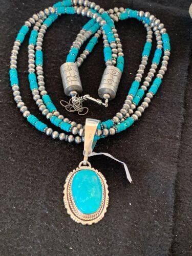 Navajo Pearls Kingman Turquoise Pendant Necklace | Sterling Silver | 3-Strand Set | 21" | 3001