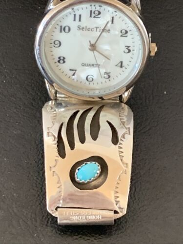 Men's Navajo Bear Paw Watch Tips | Sterling Silver & Blue Turquoise Band | Authentic Native American Jewelry | 11575
