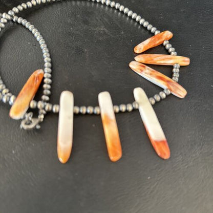 Native American Navajo Spiny Oyster Stick Bead Necklace | Sterling Silver | 20" | 14330