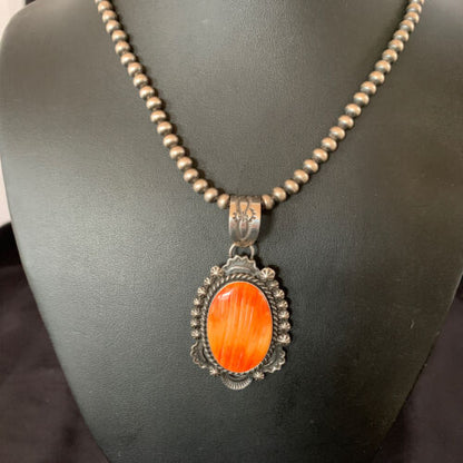 Navajo Pearls Orange Spiny Oyster Necklace Pendant | Sterling Silver | Authentic Native American Handmade | 11301