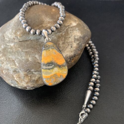 Navajo Yellow Bumblebee Jasper Pendant Necklace | Sterling Silver | Authentic Native American Handmade | 12812
