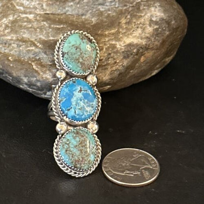 Navajo Blue Kingman Turquoise Cluster Ring | Authentic Native American Sterling Silver | Multi-Stone | Sz 8.5 | 14492