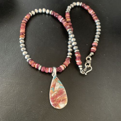 Native American Navajo Purple Spiny Oyster Pendant Necklace | Sterling Silver | 11901