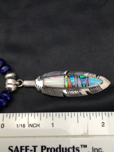 Navajo Opal Feather Multi-Color Lapis Pendant Necklace & Earring Set | Sterling Silver | Authentic Native American Handmade | 2771
