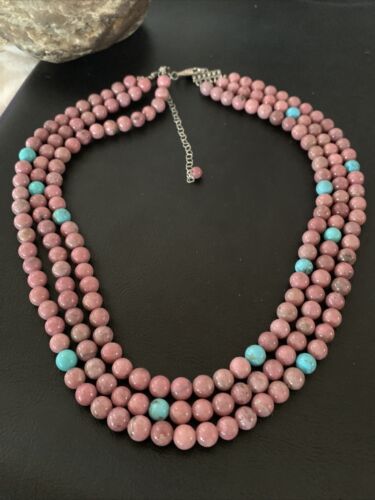 Navajo Turquoise Rhodochrosite Necklace | Sterling Silver | 3 Strand | Authentic Native American Handmade | 01993