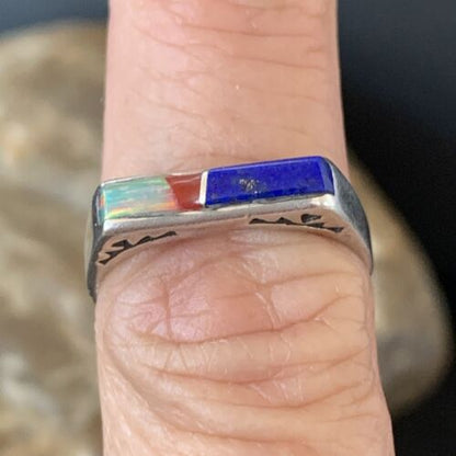 Navajo Opal Blue Lapis Red Coral Inlay Ring | Sz 7 | Authentic Native American Handmade | 11140