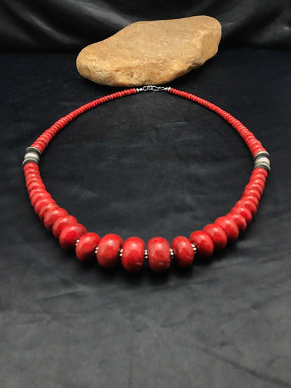 Authentic Native American Navajo Sterling Silver Necklace | Apple Sponge Coral Graduated Beads | 25" | 4558