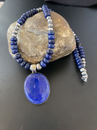 Navajo Pearls Sterling Silver Necklace with Blue Lapis Pendant | Authentic Native American Handmade | 11352