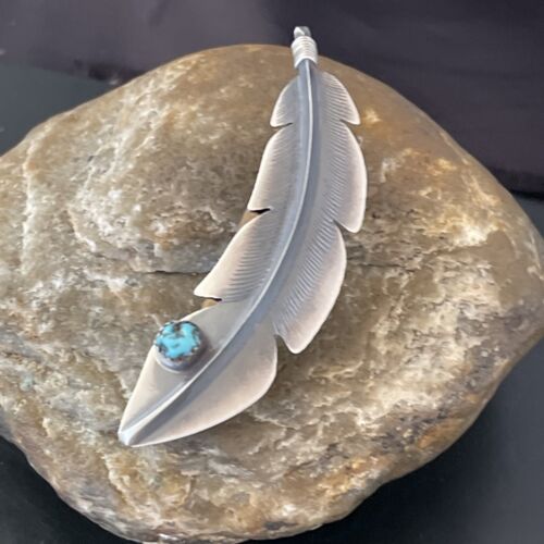 Handmade Sterling Silver Feather Barrette with Blue Turquoise Inlay | Authentic Navajo Jewelry | 2081