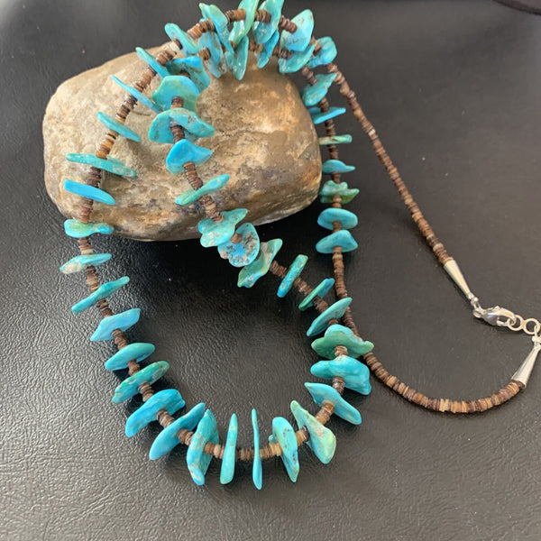 Navajo | Sterling Silver | Kingman Turquoise Shell Necklace | 26" | Authentic Native American Handmade | 11818