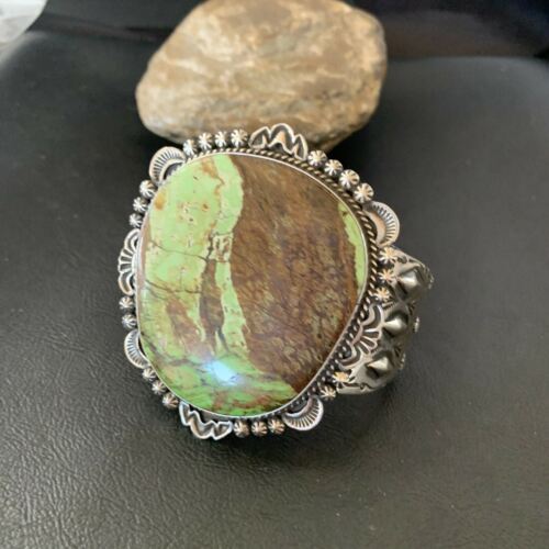 Native American Men's Navajo Bracelet | Sterling Silver Green Gaspeite | Authentic Handmade | 2046