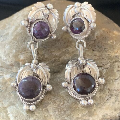 Navajo Purple Sugilite Post Dangle Earrings | Sterling Silver | Authentic Native American Handmade | 1590