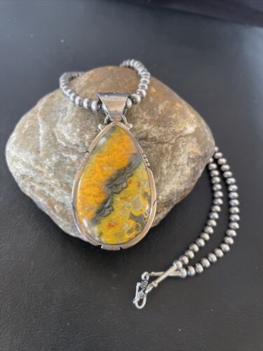 Men's Navajo Pearls Necklace with Bumblebee Jasper Pendant | Sterling Silver | Native American Handmade | 10548