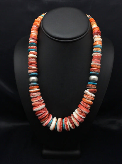 Authentic Native American Navajo Spiny Oyster Graduated Necklace | Sterling Silver | 20" | 4177