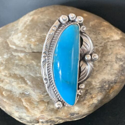 Navajo Blue Kingman Turquoise Ring | Sterling Silver Feather | Sz 9.5 | Authentic Native American Handmade | 10853