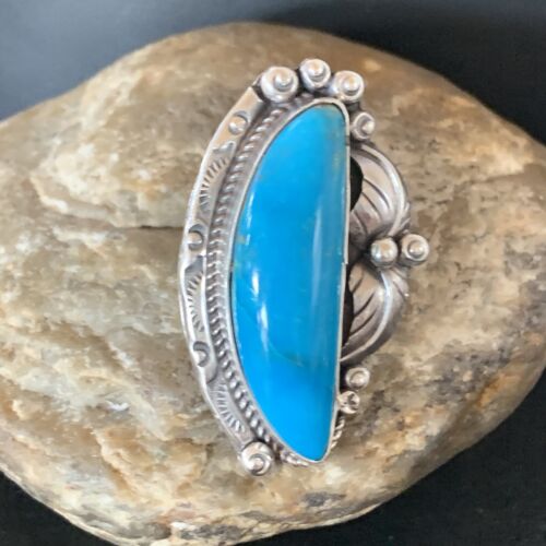 Navajo Blue Kingman Turquoise Ring | Sterling Silver Feather | Sz 9.5 | Authentic Native American Handmade | 10853