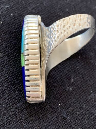 Navajo Multi-Color Lapis & Turquoise Inlay Ring | Sterling Silver | Sz 7 | Authentic Native American Handmade | 01576