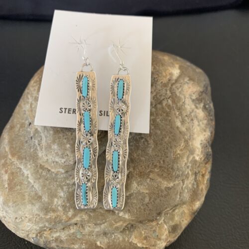 Navajo Turquoise Dangle Earrings | Sterling Silver | 2" Long | Authentic Native American Handmade | 12122