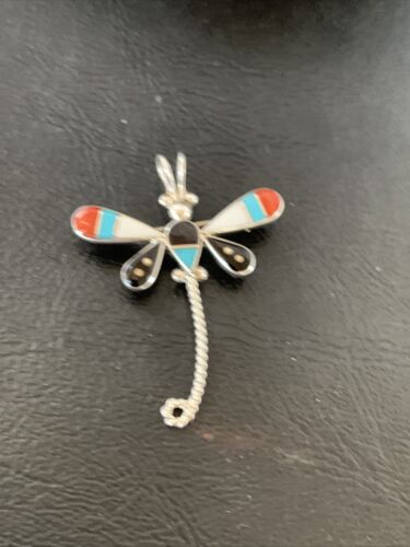 Zuni Turquoise Mother of Pearl Inlay Dragonfly Necklace Pin Pendant | Sterling Silver | 12327