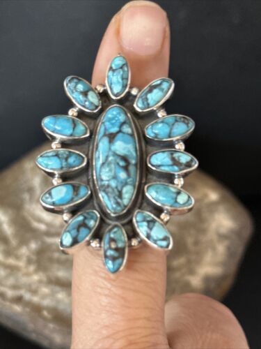 Navajo Blue Turquoise Cluster Ring | Authentic Native American Sterling Silver | Multi-Stone | Sz 6.5 | 14227