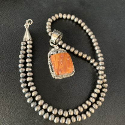 Navajo Orange Spiny Oyster Pendant | Sterling Silver | Authentic Native American Handmade | 13638