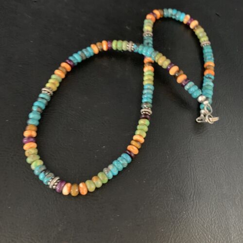 Navajo Blue Turquoise & Orange Spiny Oyster Necklace | Sterling Silver | 18" | 13433