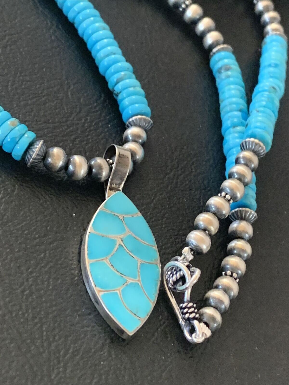 Zuni Blue Turquoise Necklace with Inlay Pendant | Sterling Silver | Authentic Native American Handmade | 02092