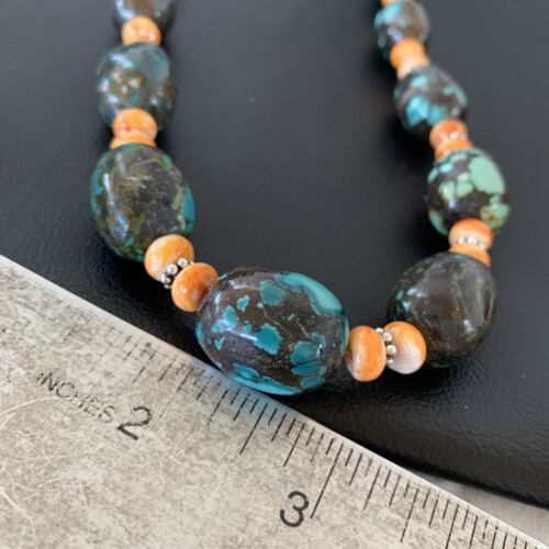 Navajo Green Turquoise & Orange Spiny Oyster Necklace | Sterling Silver | 25" | Authentic Native American Handmade | 1849