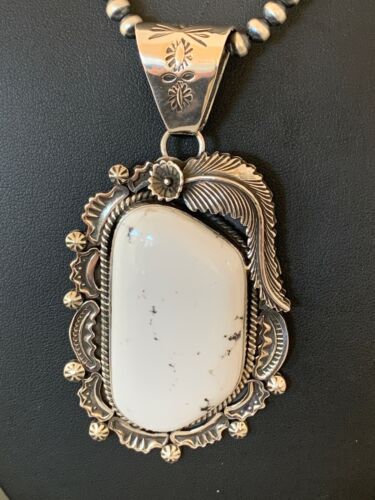 Men's White Buffalo Turquoise Pendant Necklace | Navajo Sterling Silver | 4124