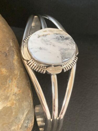 Navajo White Buffalo Turquoise Cuff Bracelet | Sterling Silver | Authentic Native American Handmade | 1390