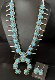 Kingman Turquoise Squash Blossom Necklace | Navajo Sterling Silver Naja | Authentic Native American | 14456