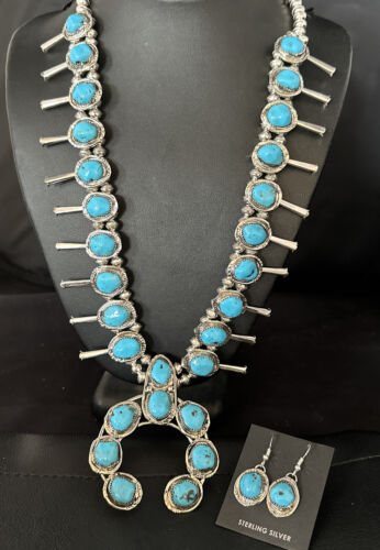 Kingman Turquoise Squash Blossom Necklace | Navajo Sterling Silver Naja | Authentic Native American | 14456