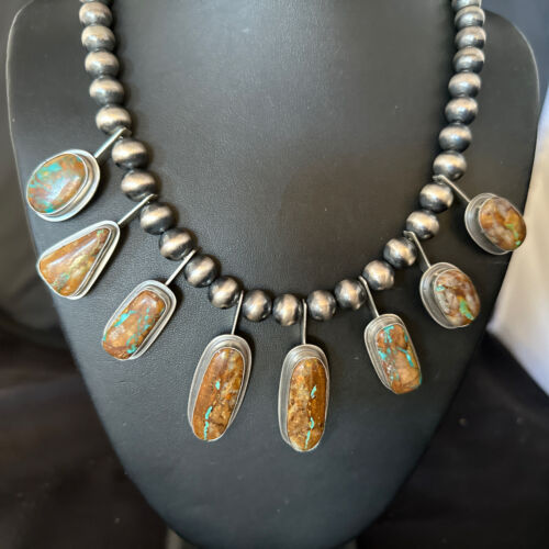 Southwestern Boulder Turquoise Necklace | 23" | Navajo Sterling Silver | Authentic Native American Handmade | 14485
