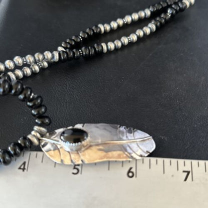 Native American Men's Navajo Pearls Necklace | Sterling Silver Black Onyx Pendant | 14627