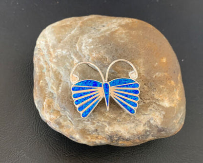 Navajo Blue Opal Butterfly Sterling Silver Necklace Pin Pendant | 11973