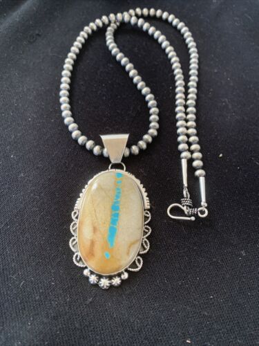 Men's Navajo Pearls Necklace | Sterling Silver Blue Boulder Turquoise Pendant | Native American Handmade | 1534