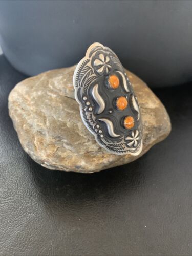 Navajo Orange Spiny Oyster Multi-Stone Ring | Authentic Native American Sterling Silver | Sz 10 Adj | 11658