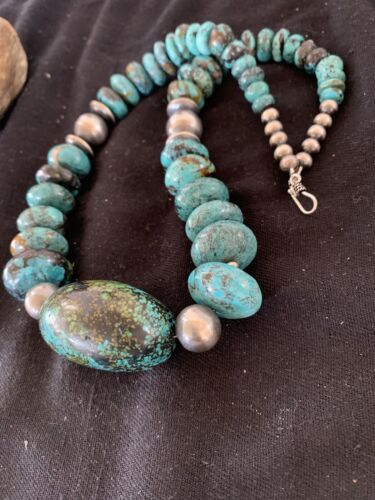 Navajo Pearl Graduated Sterling Silver Natural Blue Turquoise Necklace | Authentic Native American | 22" | 00706