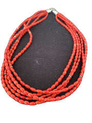 Native American Navajo 5-Strand Red Coral Necklace | Sterling Silver | Authentic Handmade | 01140