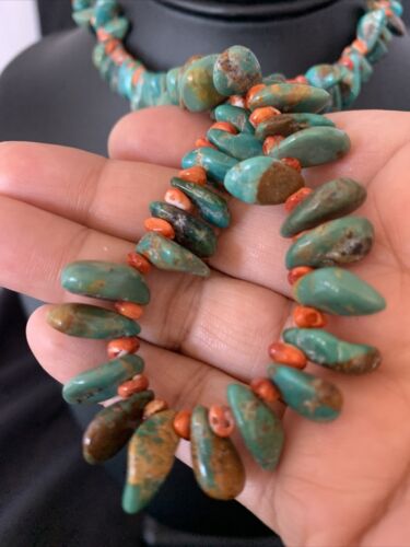 Navajo Green Turquoise and | Red Spiny Oyster Necklace | Sterling Silver | Authentic Native American Handmade | 21" | 13222