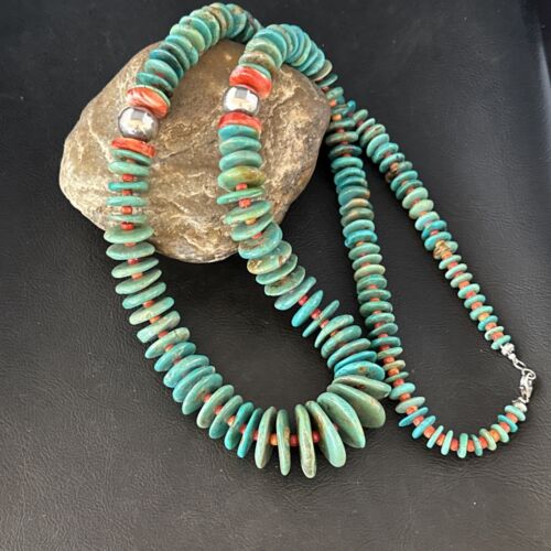 Navajo Turquoise & Red Spiny Oyster Necklace | Sterling Silver | Authentic Native American | 32" | 14360