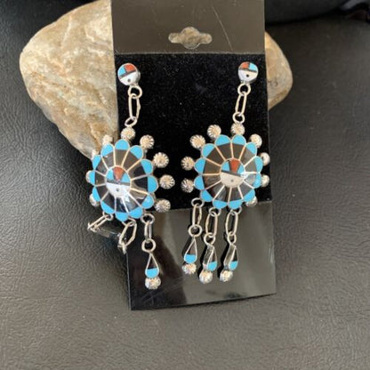 Zuni Sun Face Dangle Earrings | Kingman Turquoise & Black Onyx | Sterling Silver | 12127