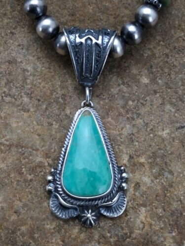 Navajo Green Turquoise Pendant Necklace | Sterling Silver | Authentic Native American Handmade | 2646
